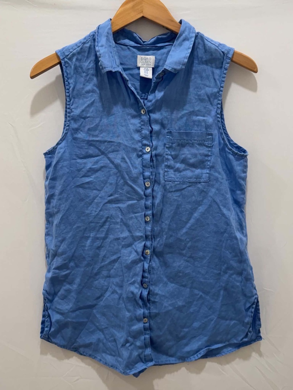 Sigrid Olsen Button Up Women 100% Linen Sleeveless Button-Down in Blue Size M